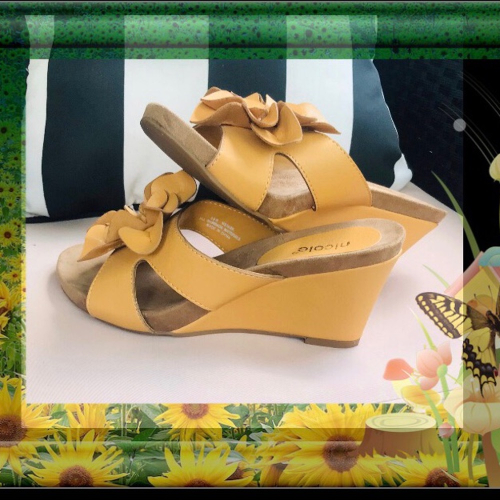 Nicole Mustard Floral Leather Wedge Sandals - Picture 4 of 11